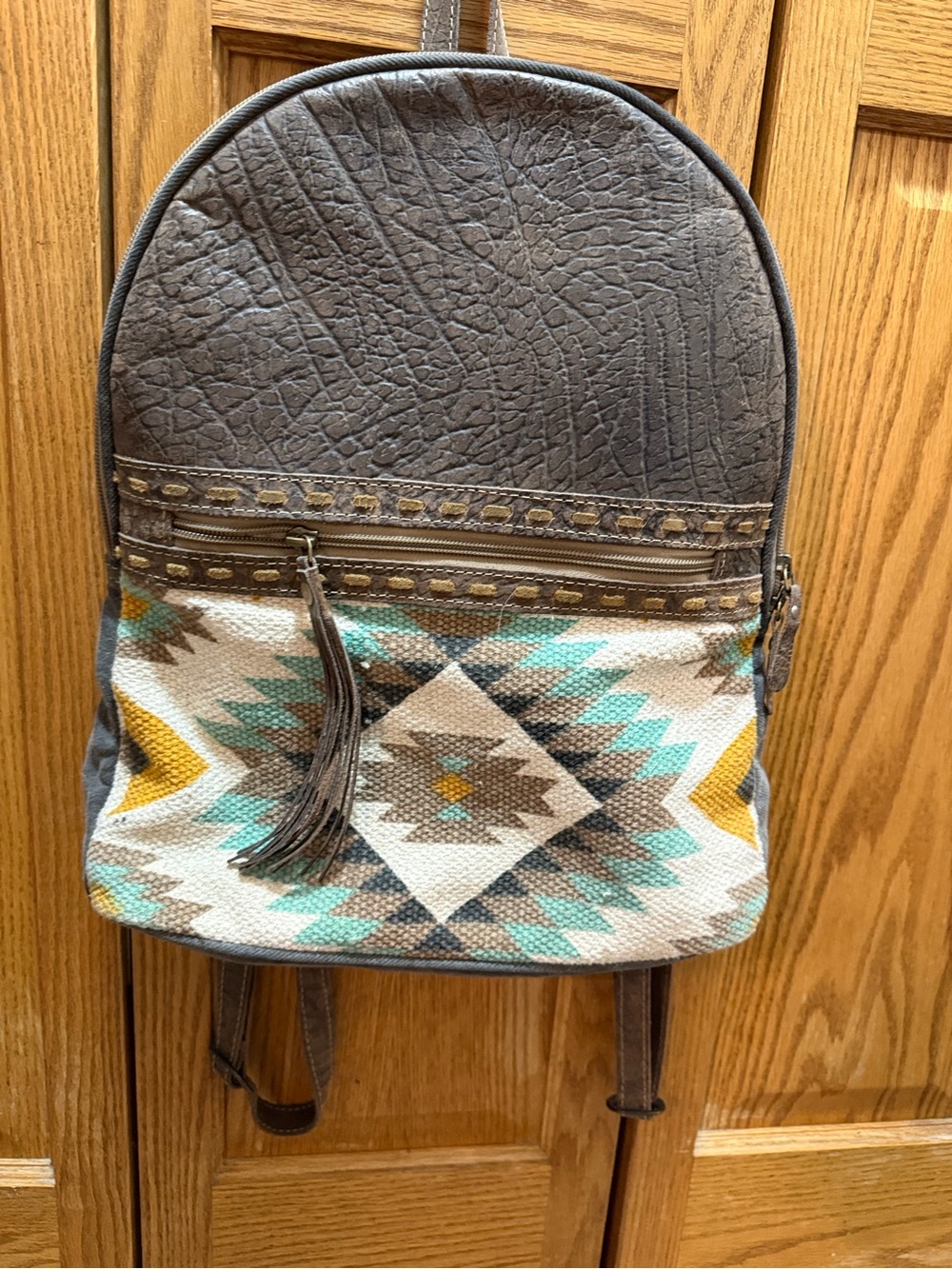 Myra Bag Gray Mini Backpack with Teal, Mustard & Cream Aztec Weave